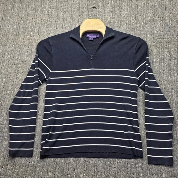 Ralph Lauren Purple Label Sweater Mens Large Navy Striped 1/4 Zip Italy Cotton